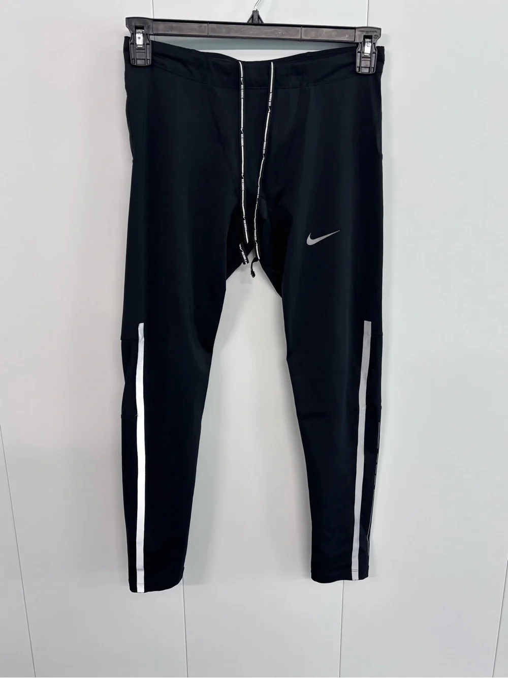 Men's Nike Running Dri-FIT Leggings Black Large Reflective Logo Drawstring Activ